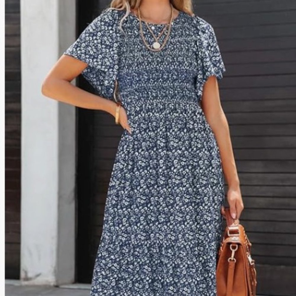 Flutter Sleeve Navy Blue Floral Maxi Dress